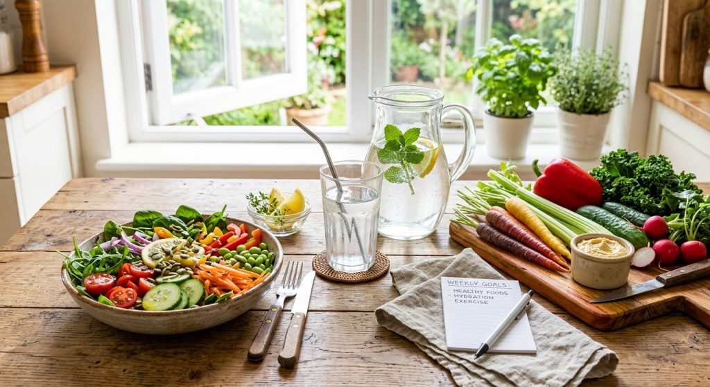 Healthy weight loss concept with fresh vegetables, salad, and water on a wooden table by NutriNish