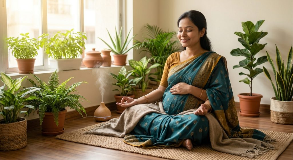 Peaceful pregnant woman meditating and relaxing in a cozy room for mental and physical well-being by NutriNish