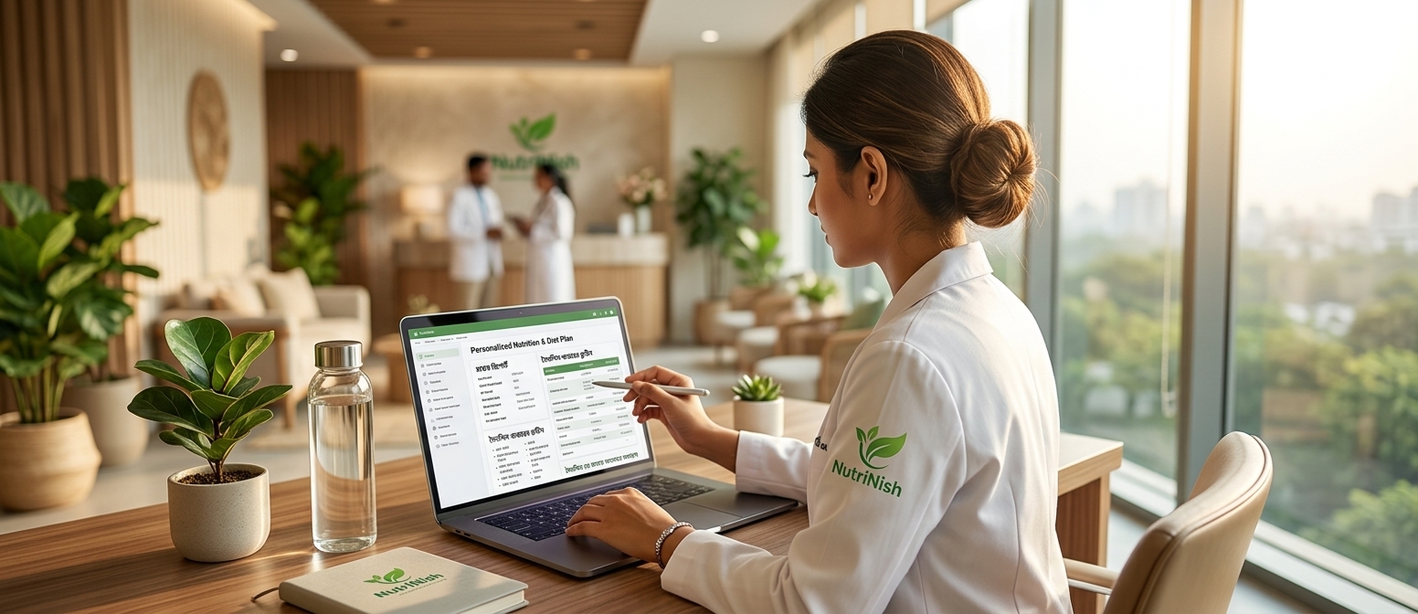 Clinical dietitian Nishat Afroze reviewing a personalized nutrition plan in a modern wellness clinic for NutriNish