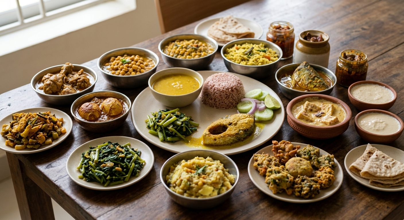 Healthy Bangladeshi balanced meal table including brown rice, fish curry, chicken, dal, vegetables, eggs, and salad for 1 month diet plan